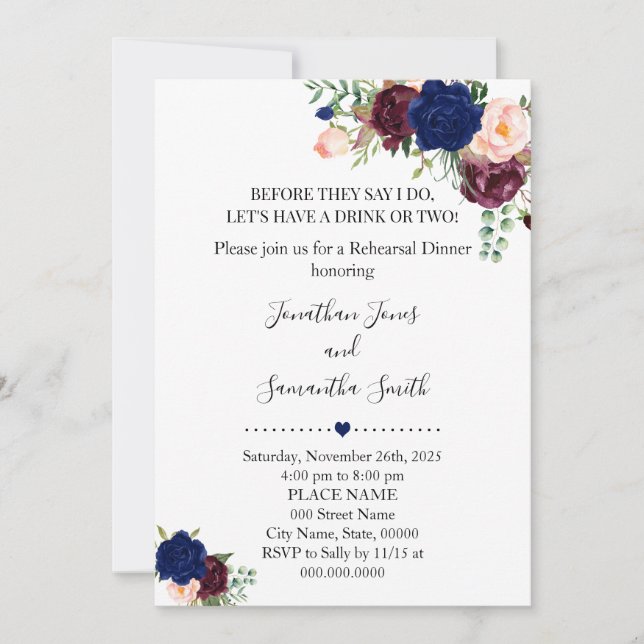 Before they say I do navy floral rehearsal dinner Invitation (Front)