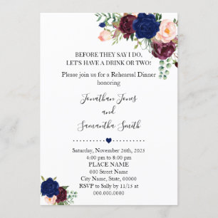 Before they say I do navy floral rehearsal dinner Invitation