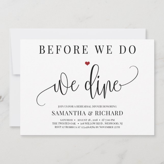 Before we do we dine calligraphy rehearsal dinner invitation (Front)