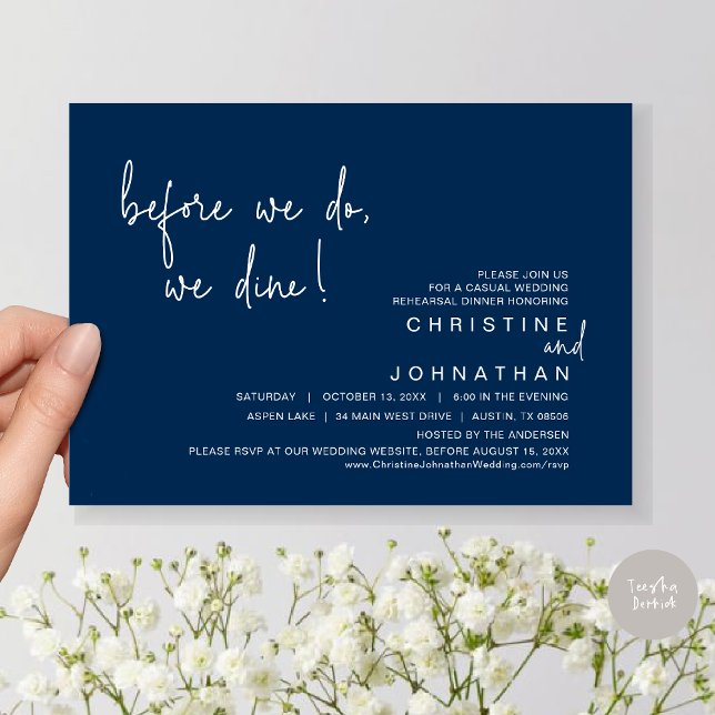 Before We Do, We Dine, Rehearsal Dinner, Navy Blue Invitation (Before We Do, We Dine, Wedding Rehearsal Dinner Invitation Card, PDF, in Navy Blue)