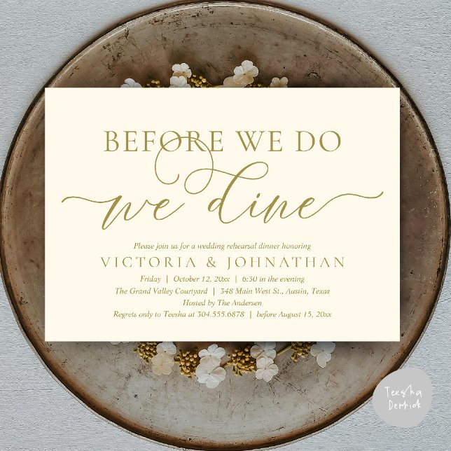 Before We Do, We Dine, Wedding Rehearsal Dinner Invitation (Before We Do, We Dine,  Wedding Rehearsal Dinner Party Classy Romantic Invites Card PDF Yellow Gold)