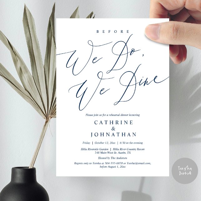 Before we do, we dine, Wedding Rehearsal Dinner Invitation (Before we do, we dine, modern romantic wedding rehearsal dinner invitation card, pdf, in navy blue)