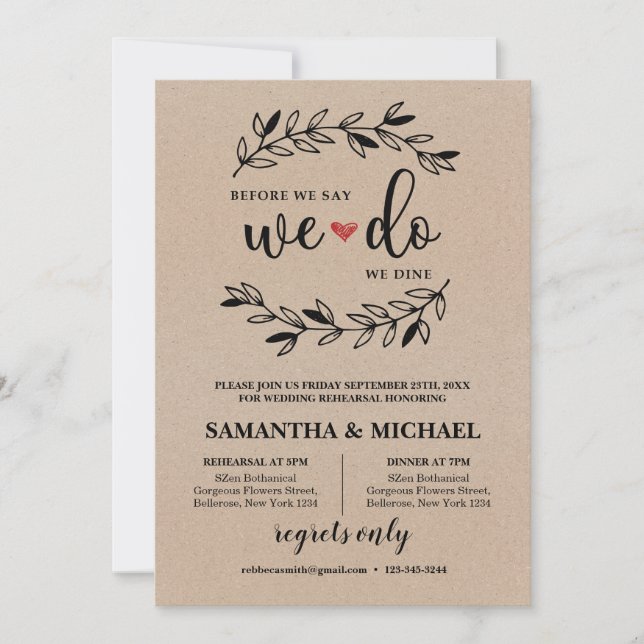 Before we say we do we dine rustic rehearsal invitation (Front)