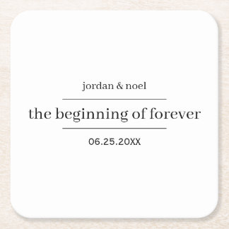 Beginning of Forever Formal Modern Custom Wedding Square Paper Coaster