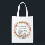 Beginning to Cost a Lot Like Christmas Fun Snowman Reusable Grocery Bag<br><div class="desc">Funny re-useable shopping bag,  lettered with "it's beginning to cost a lot like Christmas". This holiday season design features a rustic twig wreath with winter berries and two cute snowman friends.</div>