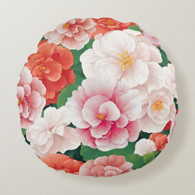 Begonia Flowers & Leaves Round Pillow (Front)