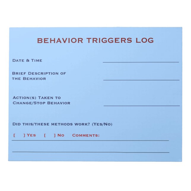 Behaviour Triggers Log (Sky Blue) Notepad (Front)