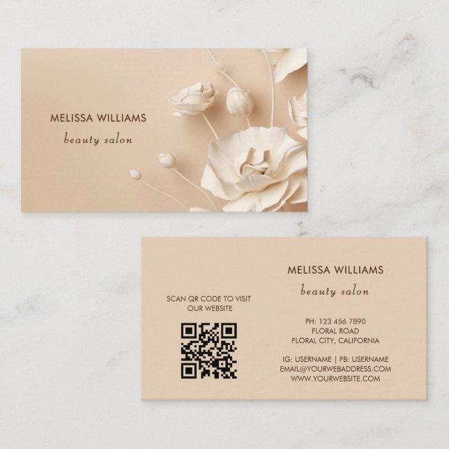 Beige 3D Simple Flowers Business Card (Front/Back)