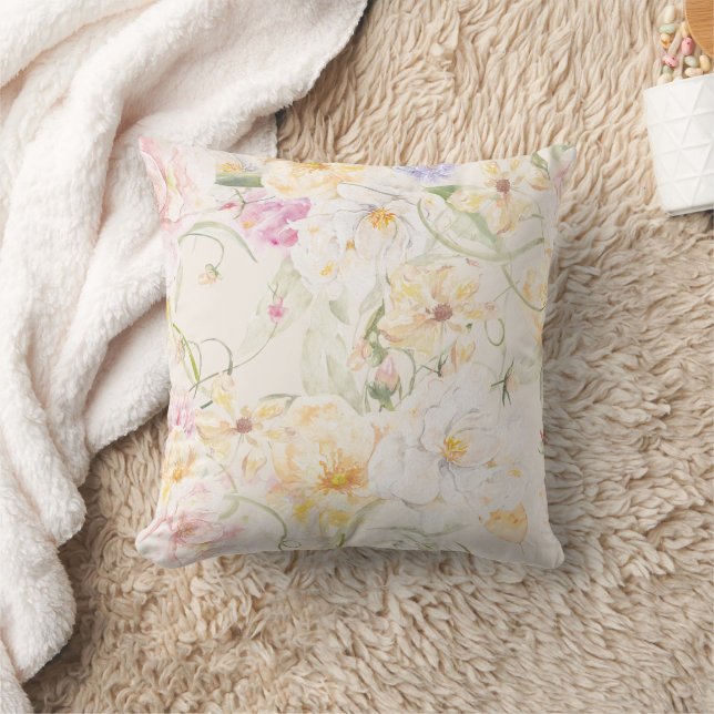 Beige Abstract Floral Patterned Square  Cushion (Blanket)
