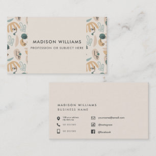 Beige Abstract Line Art Faces Aesthetic Custom Business Card