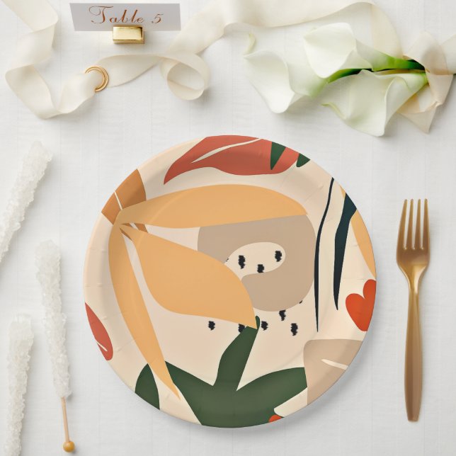 Beige Aesthetic tropical pattern Paper Plate (Wedding)