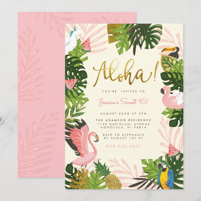 Beige | Aloha Hawaii Tropical Gold Birthday Party Invitation (Front/Back)
