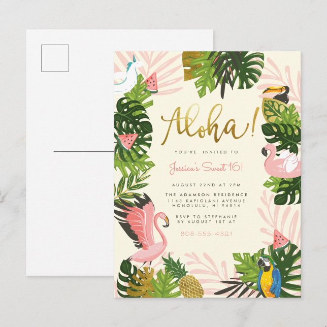 Beige | Aloha Hawaii Tropical Gold Birthday Party Invitation Postcard (Front/Back)