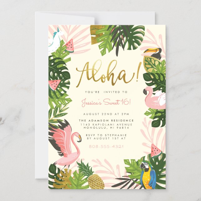 Beige | Aloha Hawaii Tropical Gold Birthday Party Magnetic Invitation (Front)