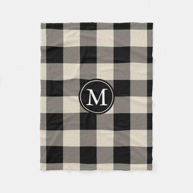 Beige and Black Buffalo Check Monogram Fleece Blanket (Front)