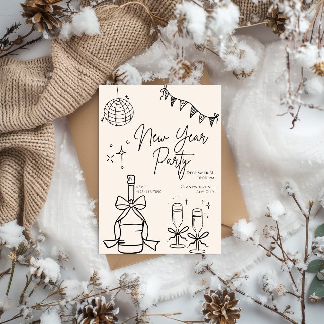 Beige and Black Doodle Simple New Year's Eve Party Invitation (Creator Uploaded)