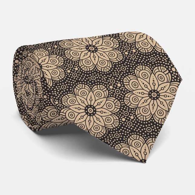 Beige and black ethnic mandala pattern tie (Rolled)