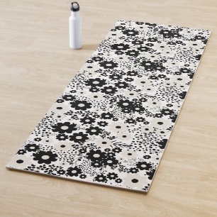Beige and Black Flowers Yoga Mat