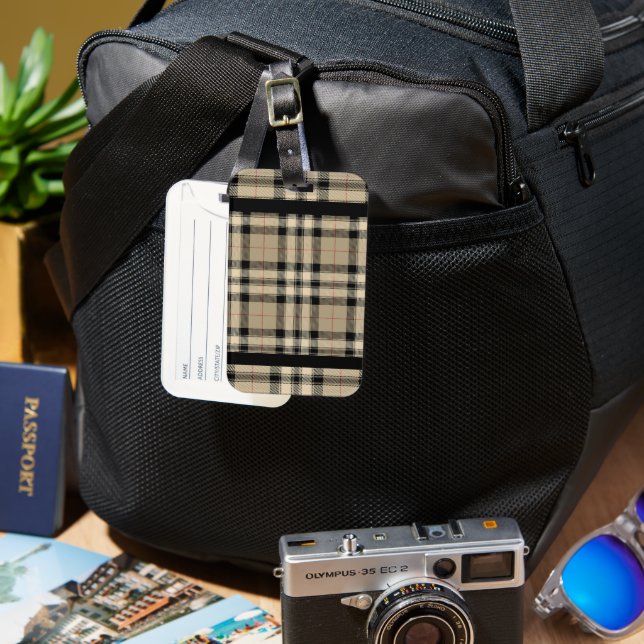 Beige And Black Plaid Luggage Tag (Front & Back)