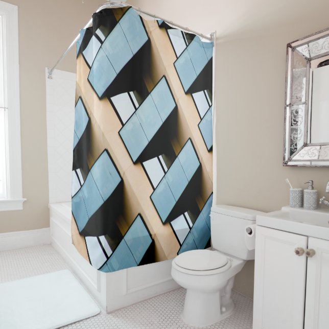 Beige and Blue Building Abstract Shower Curtain (In Situ)