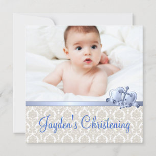 Beige and Blue Damask Boys Photo Christening Invitation