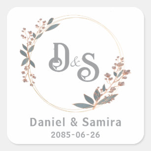 Beige and Blue Floral Custom Name Elegant Square Sticker