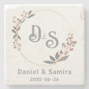 Beige and Blue Floral Custom Name Elegant  Stone Coaster