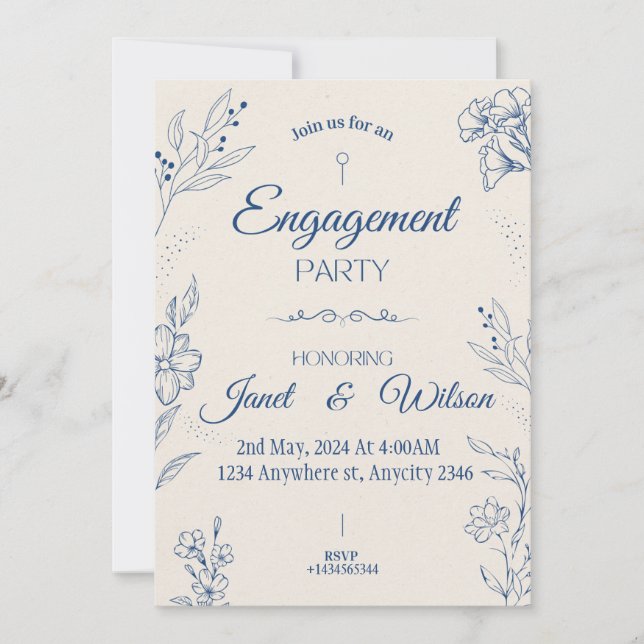 Beige And Blue Floral Engagement Party Invitation (Front)