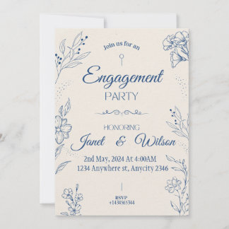 Beige And Blue Floral Engagement Party Invitation