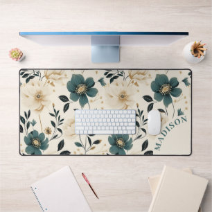 Beige and Blue Flowers  Desk Mat