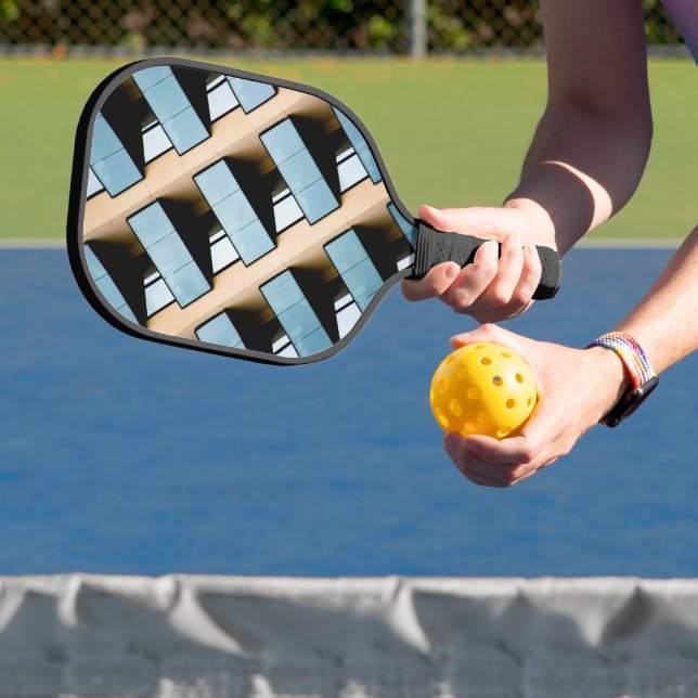 Beige and Blue Geometric Pattern Pickleball Paddle (Insitu)