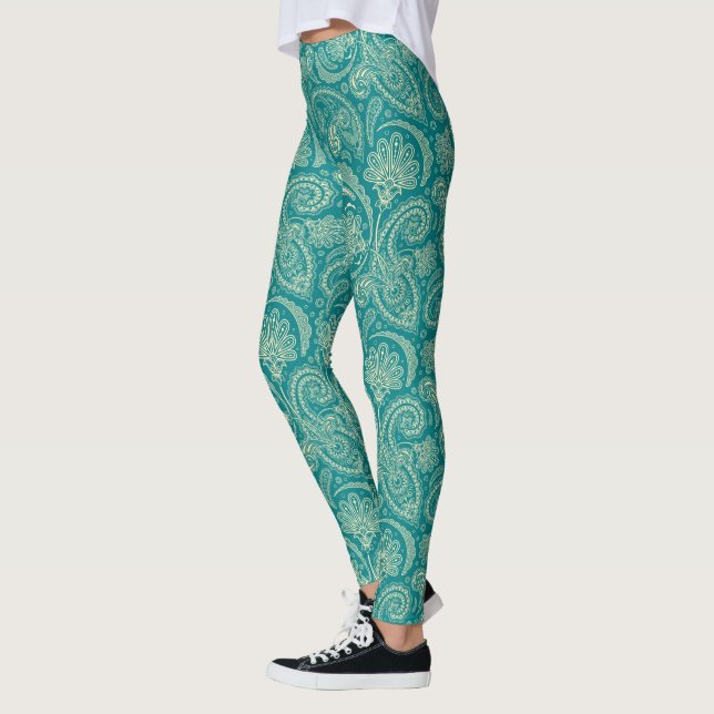 Beige And Blue Green Paisley Leggings (Left)