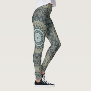 Beige and Blue Grey Mandala Kaleidoscope Medallion Leggings
