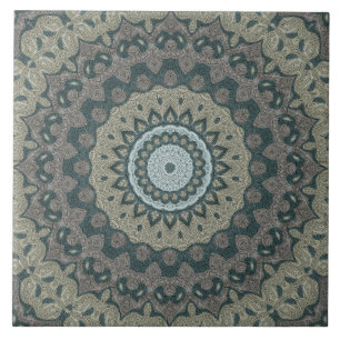 Beige and Blue Grey Mandala Kaleidoscope Medallion Tile