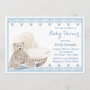 Beige and Blue Teddy Bear Baby Shower Invitation