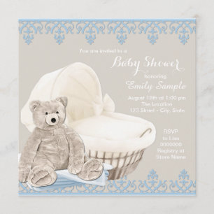 Beige and Blue Teddy Bear Baby Shower Invitation