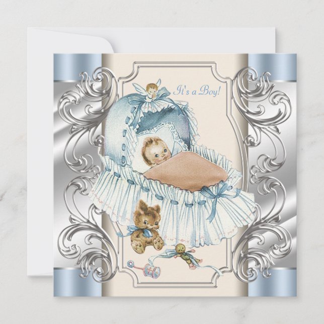 Beige and Blue Vintage Baby Boy Shower Invitation (Front)