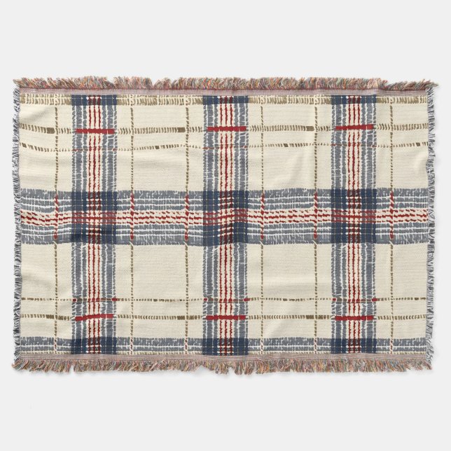 Beige and Blue Woven Plaid Pattern Throw Blanket (Front)