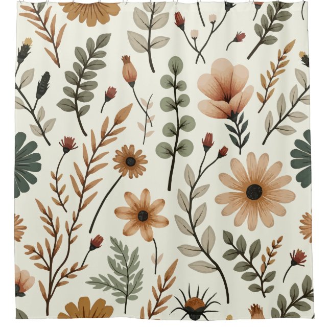 Beige and Brown Boho Flowers Shower Curtain (Front)