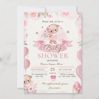 Beige and Brown Floral Baby Girl Shower Invitation