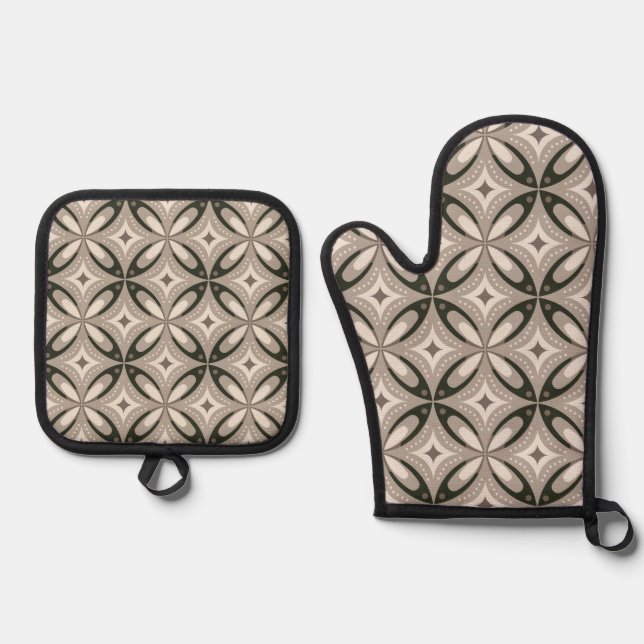 Beige and Brown Retro circular shapes Oven Mitt & Pot Holder Set (Front)
