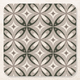 Beige and Brown Retro circular shapes Square Paper Coaster