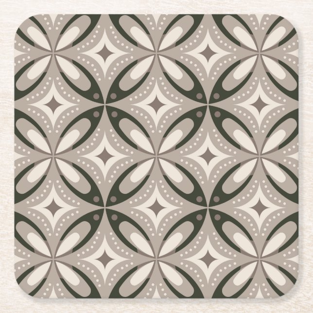 Beige and Brown Retro circular shapes Square Paper Coaster (Front)