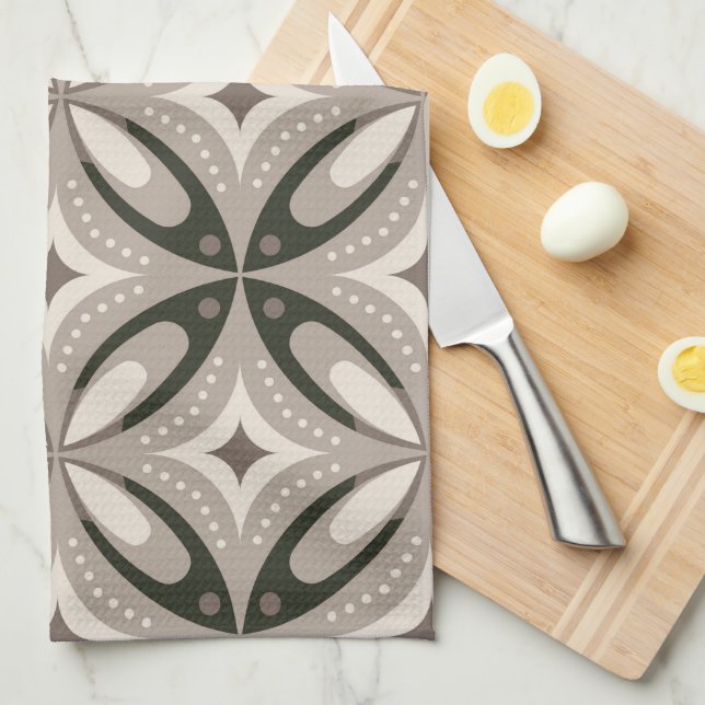 Beige and Brown Retro circular shapes Tea Towel (Quarter Fold)