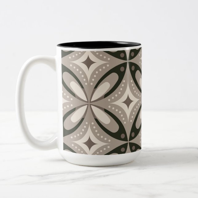 Beige and Brown Retro circular shapes Two-Tone Coffee Mug (Left)