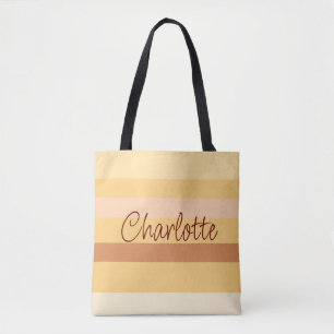 Beige and brown stripes personalised name tote bag