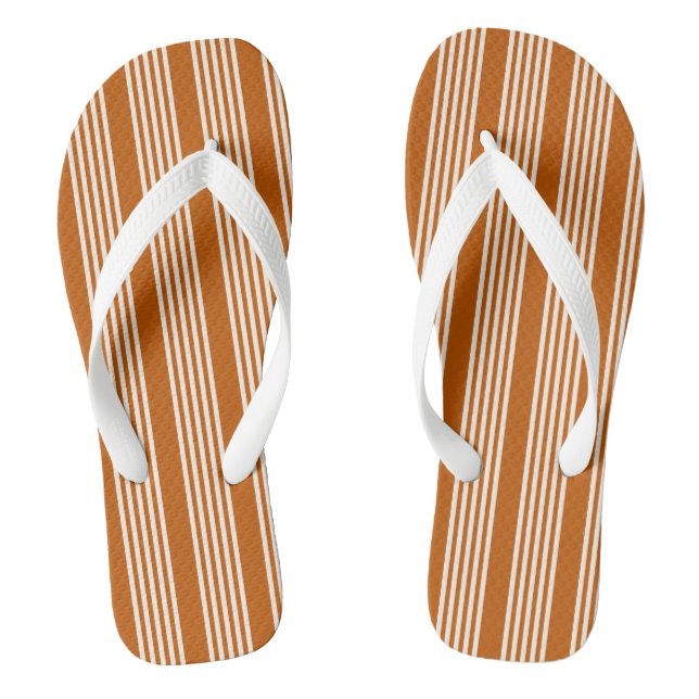Beige and burnt orange five stripe pattern flip flops (Footbed)