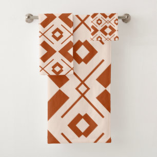 Beige and burnt orange geometric pattern bath towel set