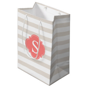 Beige and Coral Stripes Pattern Monogram Medium Gift Bag