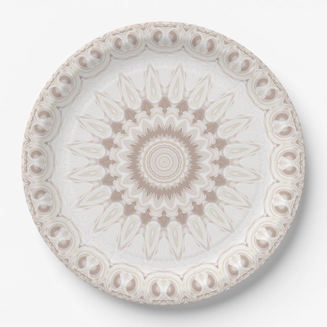 Beige and Cream Mandala Pattern Paper Plate (Front)